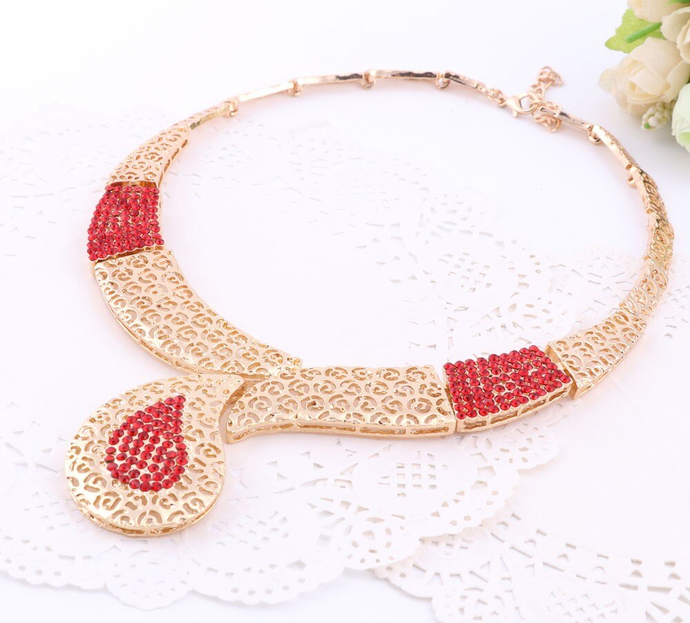 African Beads Jewelry Sets For Women Rhinestone Necklace Earrings Bracelet Ring Bridal Set Fine Gold Color Party Accessories