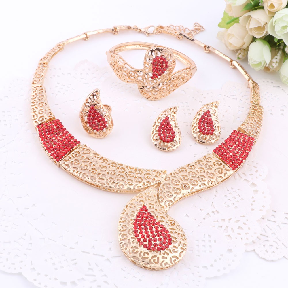 African Beads Jewelry Sets For Women Rhinestone Necklace Earrings Bracelet Ring Bridal Set Fine Gold Color Party Accessories