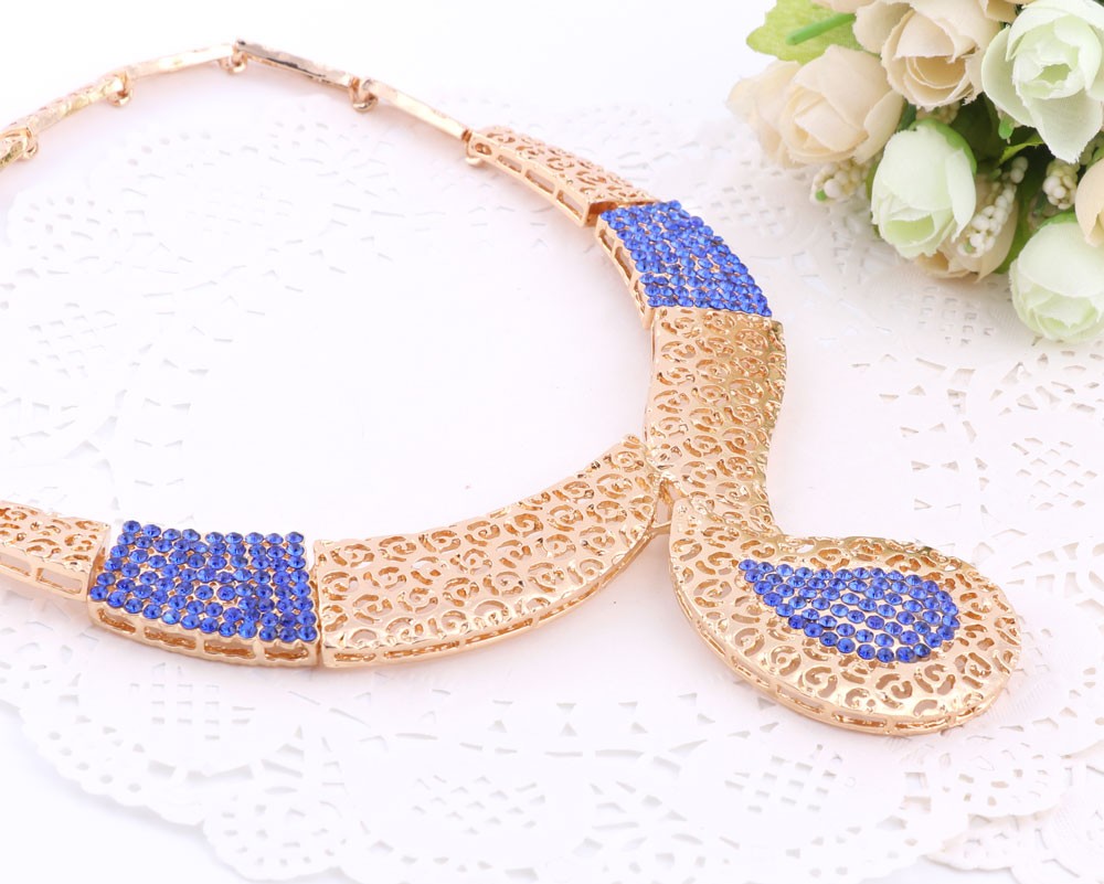 African Beads Jewelry Sets For Women Rhinestone Necklace Earrings Bracelet Ring Bridal Set Fine Gold Color Party Accessories