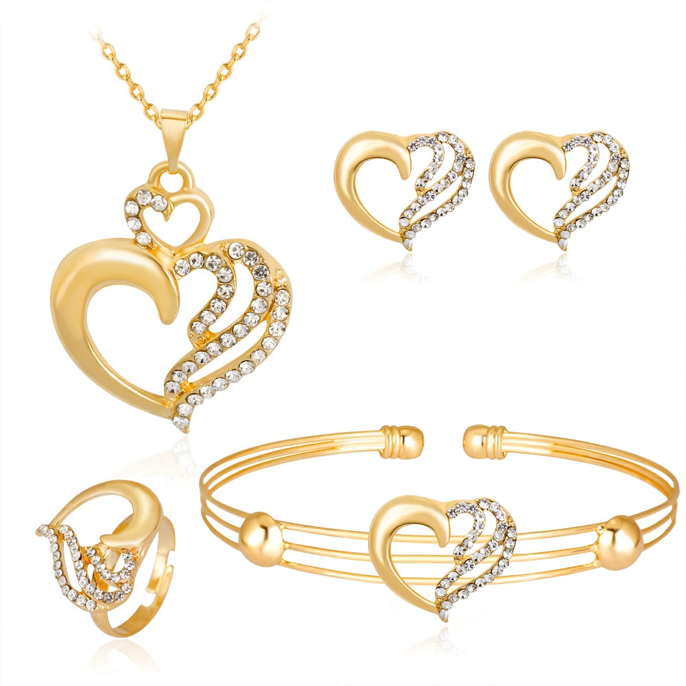 Sweet Love Heart Hollow Rhinestones Pendant Necklace Earrings Ring Bracelet Bridal Women Girls Child Fashion Jewelry Sets