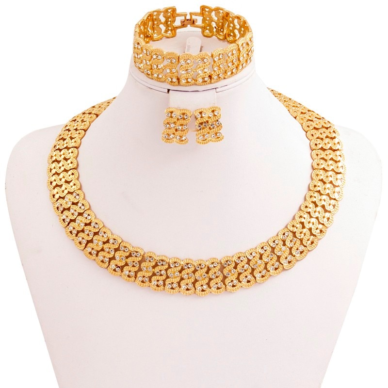 Liffly African Wedding Jewelry Sets Women Fashion Bridal Dubai Gold Crystal Necklace Bracelet Ring Earrings Sets Jewelry