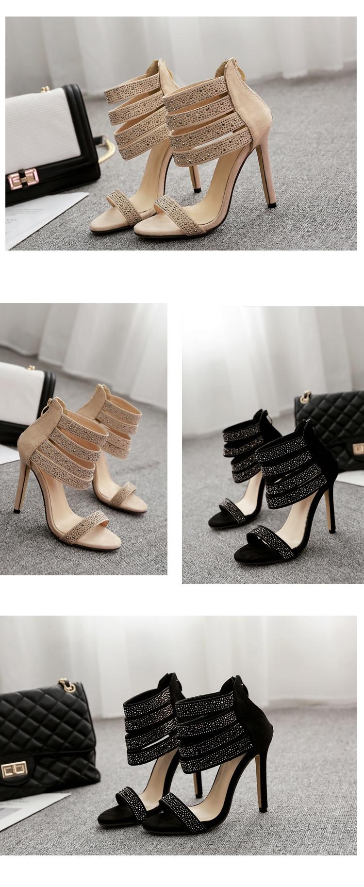 Aneikeh Elegant Crystal Embellished High Heel Sandals Cut-out Peep Toe Ankle Strap Dress Shoes For Women Back Zipper Cage Shoes
