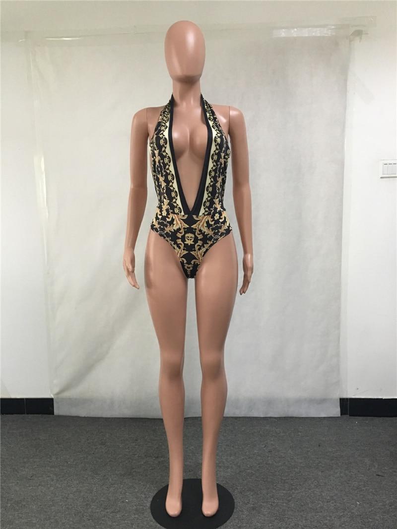 Print Women Swimsuit Floral 2020 Deep V Neck Sexy Halter Swimwear Sleeveless Bodysuit Overall Beach Wear 2 Piece 1 Set