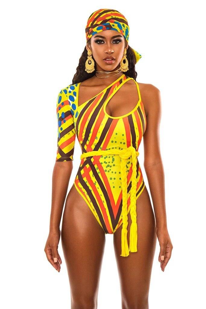 African Print One Piece Swimsuit Padded Monokini Women Swimwear Bather Bathsuit Beach Bathing Suit No Belt Headpiece Included