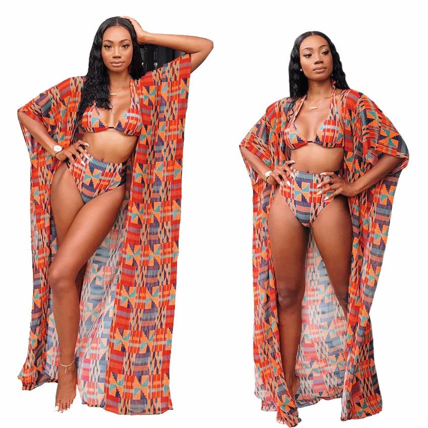 Bikini 2019 3PCS Sets Swimwear Women Sexy Print Beach Wear High Waist Bandage Bikini Set Swimsuit+Cover Up Candigan Bathing Suit