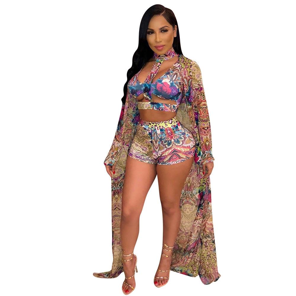 Bikini 2019 3PCS Sets Swimwear Women Sexy Print Beach Wear High Waist Bandage Bikini Set Swimsuit+Cover Up Candigan Bathing Suit