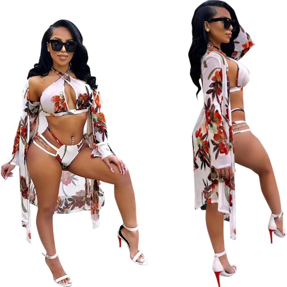 Bikini 2019 3PCS Sets Swimwear Women Sexy Print Beach Wear High Waist Bandage Bikini Set Swimsuit+Cover Up Candigan Bathing Suit