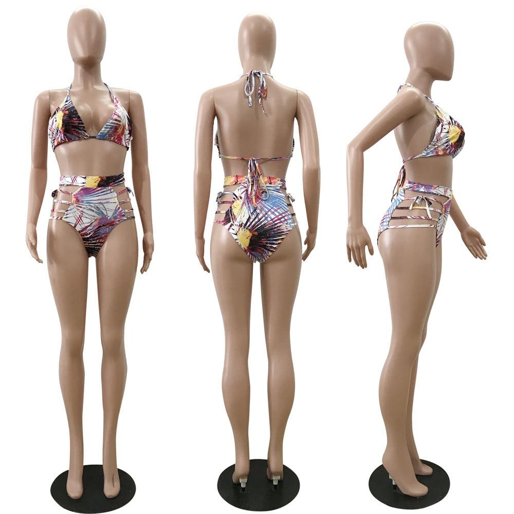 Bikini 2019 3PCS Sets Swimwear Women Sexy Print Beach Wear High Waist Bandage Bikini Set Swimsuit+Cover Up Candigan Bathing Suit