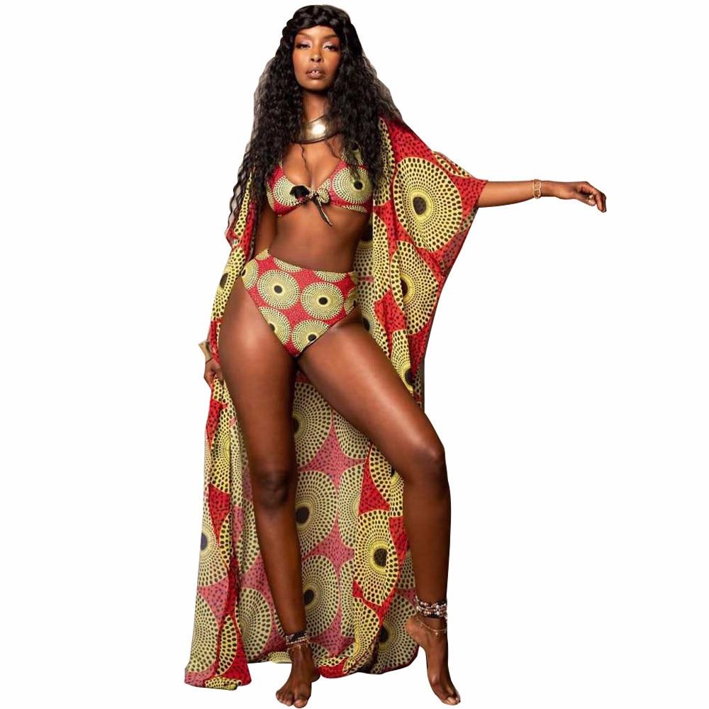 Bikini 2019 3PCS Sets Swimwear Women Sexy Print Beach Wear High Waist Bandage Bikini Set Swimsuit+Cover Up Candigan Bathing Suit