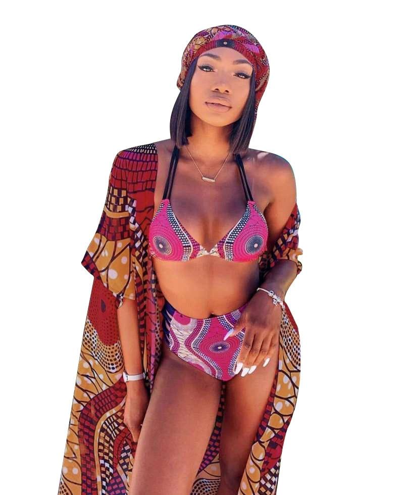 Bikini 2019 3PCS Sets Swimwear Women Sexy Print Beach Wear High Waist Bandage Bikini Set Swimsuit+Cover Up Candigan Bathing Suit