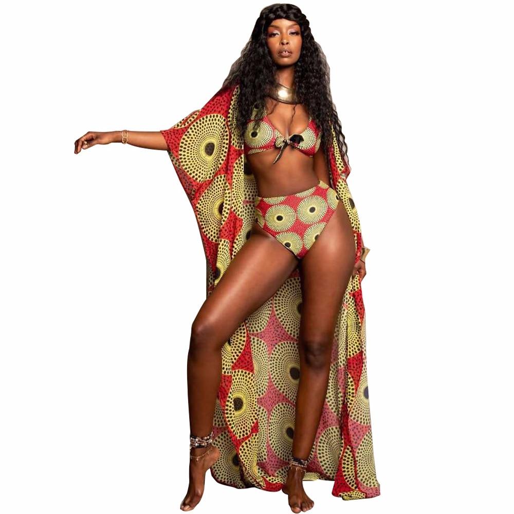 Bikini 2019 3PCS Sets Swimwear Women Sexy Print Beach Wear High Waist Bandage Bikini Set Swimsuit+Cover Up Candigan Bathing Suit