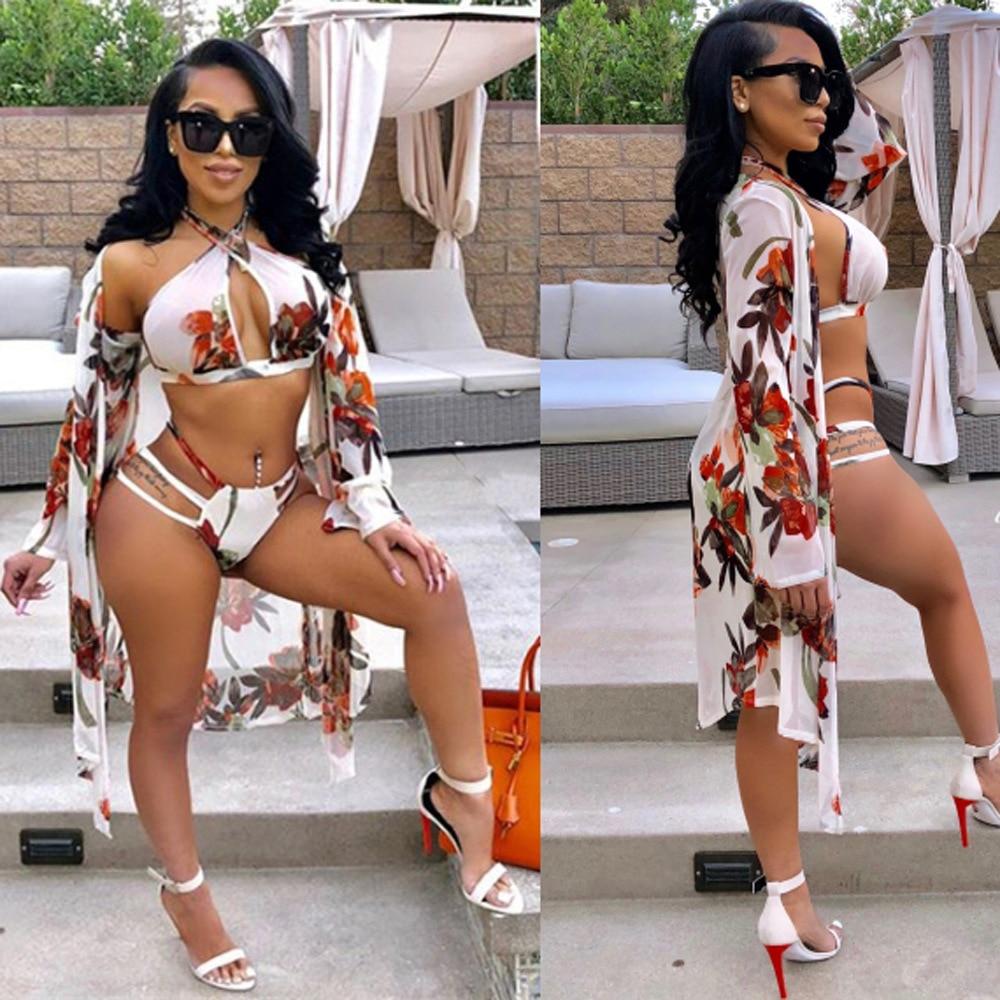 Bikini 2019 3PCS Sets Swimwear Women Sexy Print Beach Wear High Waist Bandage Bikini Set Swimsuit+Cover Up Candigan Bathing Suit