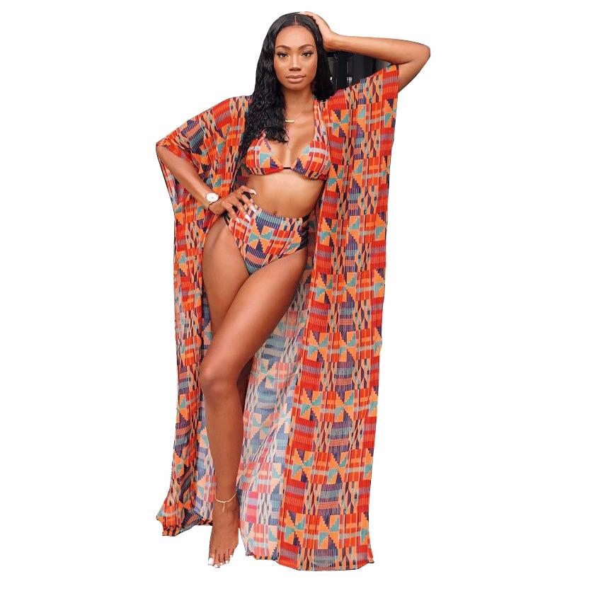 Bikini 2019 3PCS Sets Swimwear Women Sexy Print Beach Wear High Waist Bandage Bikini Set Swimsuit+Cover Up Candigan Bathing Suit