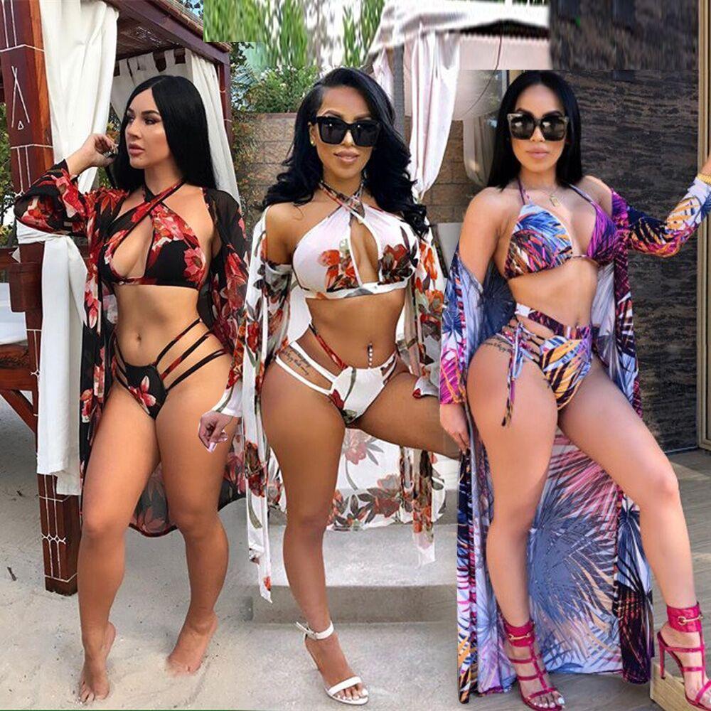 Bikini 2019 3PCS Sets Swimwear Women Sexy Print Beach Wear High Waist Bandage Bikini Set Swimsuit+Cover Up Candigan Bathing Suit