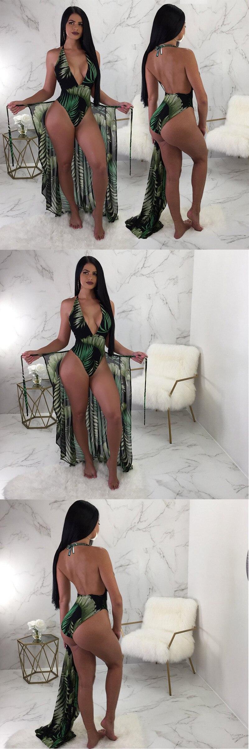 2020 Sexy Bathing Suit Plus Size Green Leaf Print Swimsuit Women Backless One-piece Swimwear + Cover-up Two-Piece Bathing Suit