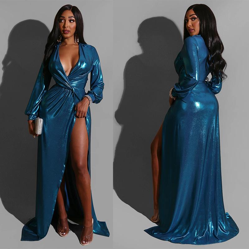 African Dresses For Women Split V Neck Sexy Party Dress Long Tunic Night Club Long Sleeve Pleated Maxi Dresses Africa Clothing