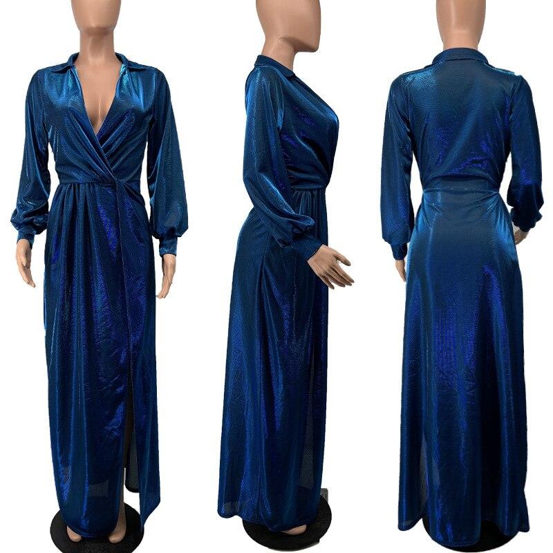 African Dresses For Women Split V Neck Sexy Party Dress Long Tunic Night Club Long Sleeve Pleated Maxi Dresses Africa Clothing