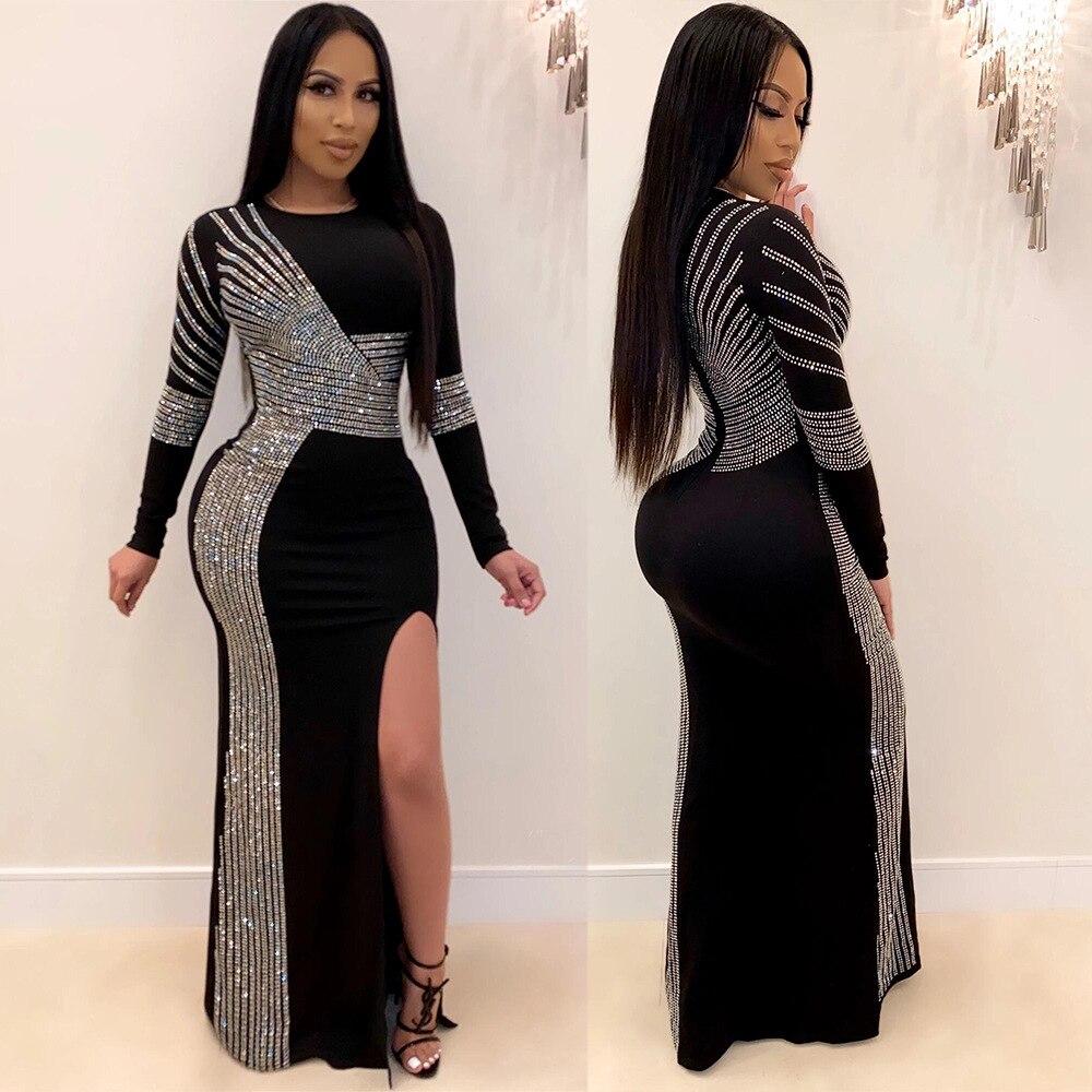 African Maxi Dresses For Women 2020 Black African Long Dress Sequins O-Neck Long Sleeves Daily Dress Evening Dress Party Dress