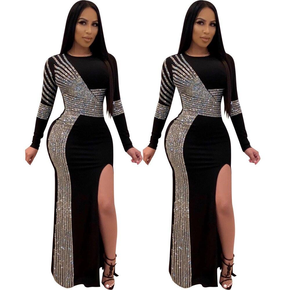 African Maxi Dresses For Women 2020 Black African Long Dress Sequins O-Neck Long Sleeves Daily Dress Evening Dress Party Dress