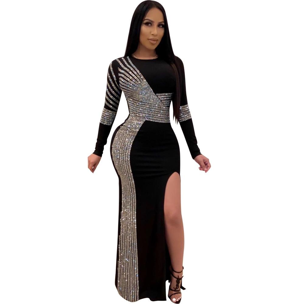 African Maxi Dresses For Women 2020 Black African Long Dress Sequins O-Neck Long Sleeves Daily Dress Evening Dress Party Dress