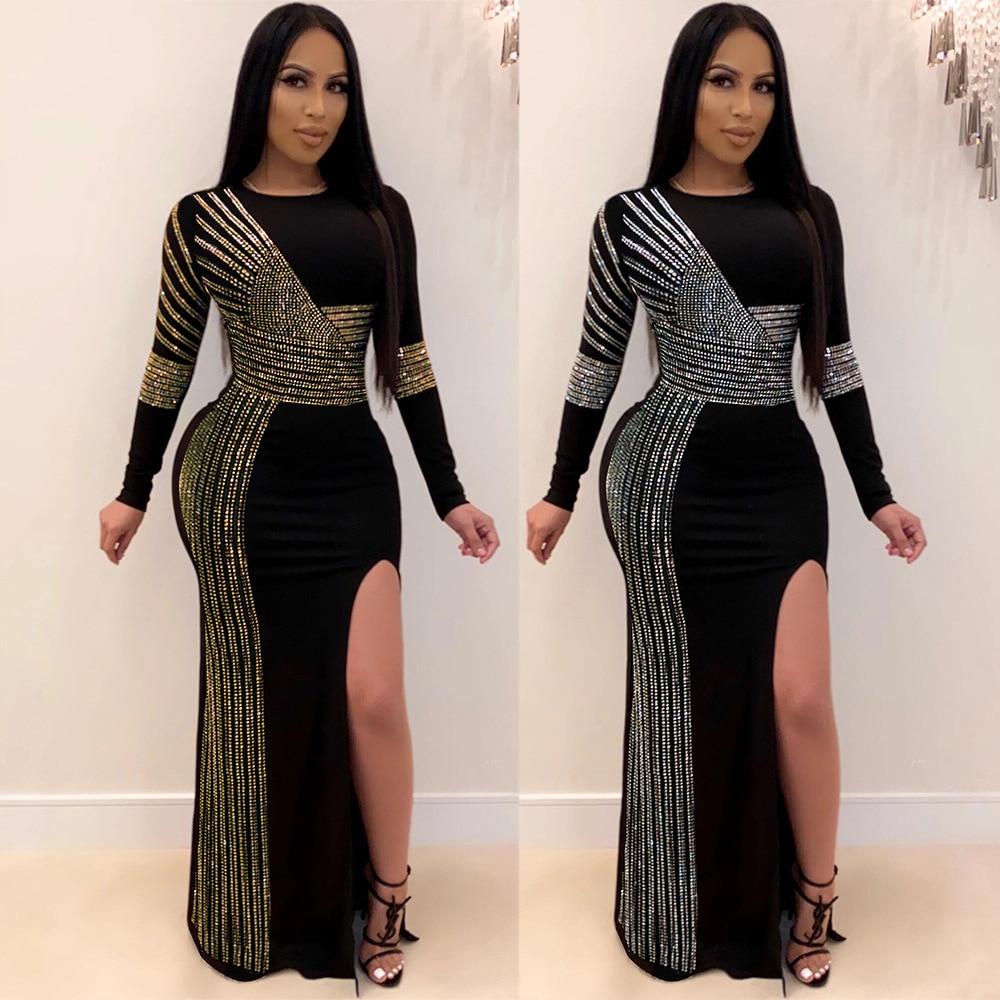 African Maxi Dresses For Women 2020 Black African Long Dress Sequins O-Neck Long Sleeves Daily Dress Evening Dress Party Dress