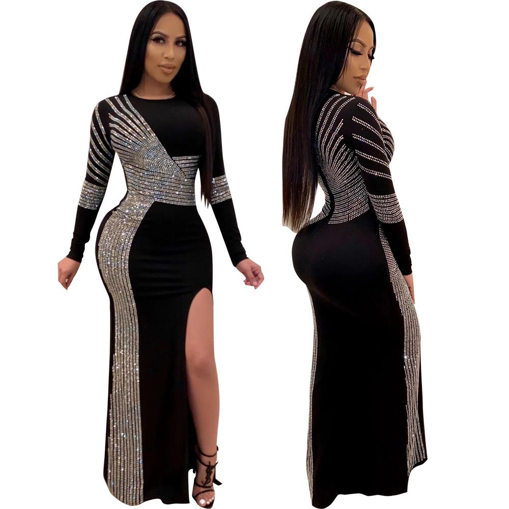 African Maxi Dresses For Women 2020 Black African Long Dress Sequins O-Neck Long Sleeves Daily Dress Evening Dress Party Dress