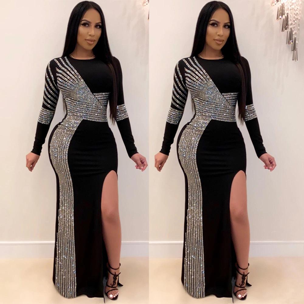 African Maxi Dresses For Women 2020 Black African Long Dress Sequins O-Neck Long Sleeves Daily Dress Evening Dress Party Dress