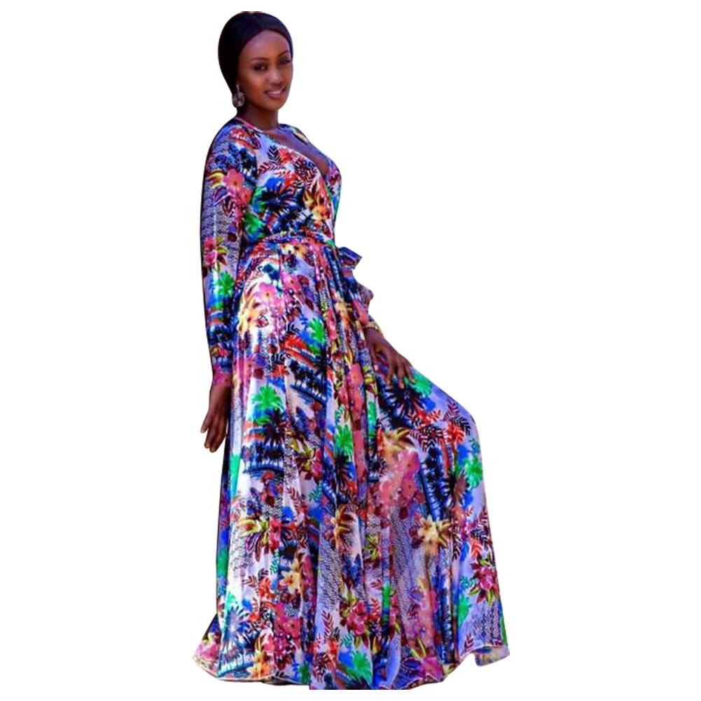 African Dresses For Women Fashion Print Maxi Dress Deep-V Fashion Robe Vintage Autumn Female African Elegant Party Long Dresses