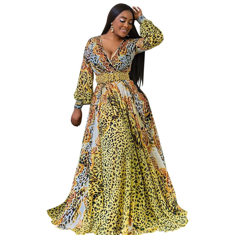 African Dresses For Women Fashion Print Maxi Dress Deep-V Fashion Robe Vintage Autumn Female African Elegant Party Long Dresses