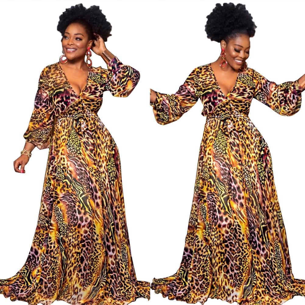 African Dresses For Women Fashion Print Maxi Dress Deep-V Fashion Robe Vintage Autumn Female African Elegant Party Long Dresses