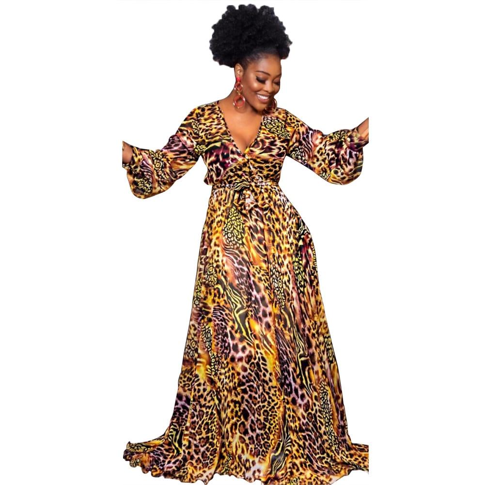 African Dresses For Women Fashion Print Maxi Dress Deep-V Fashion Robe Vintage Autumn Female African Elegant Party Long Dresses