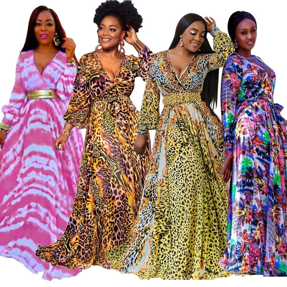 African Dresses For Women Fashion Print Maxi Dress Deep-V Fashion Robe Vintage Autumn Female African Elegant Party Long Dresses