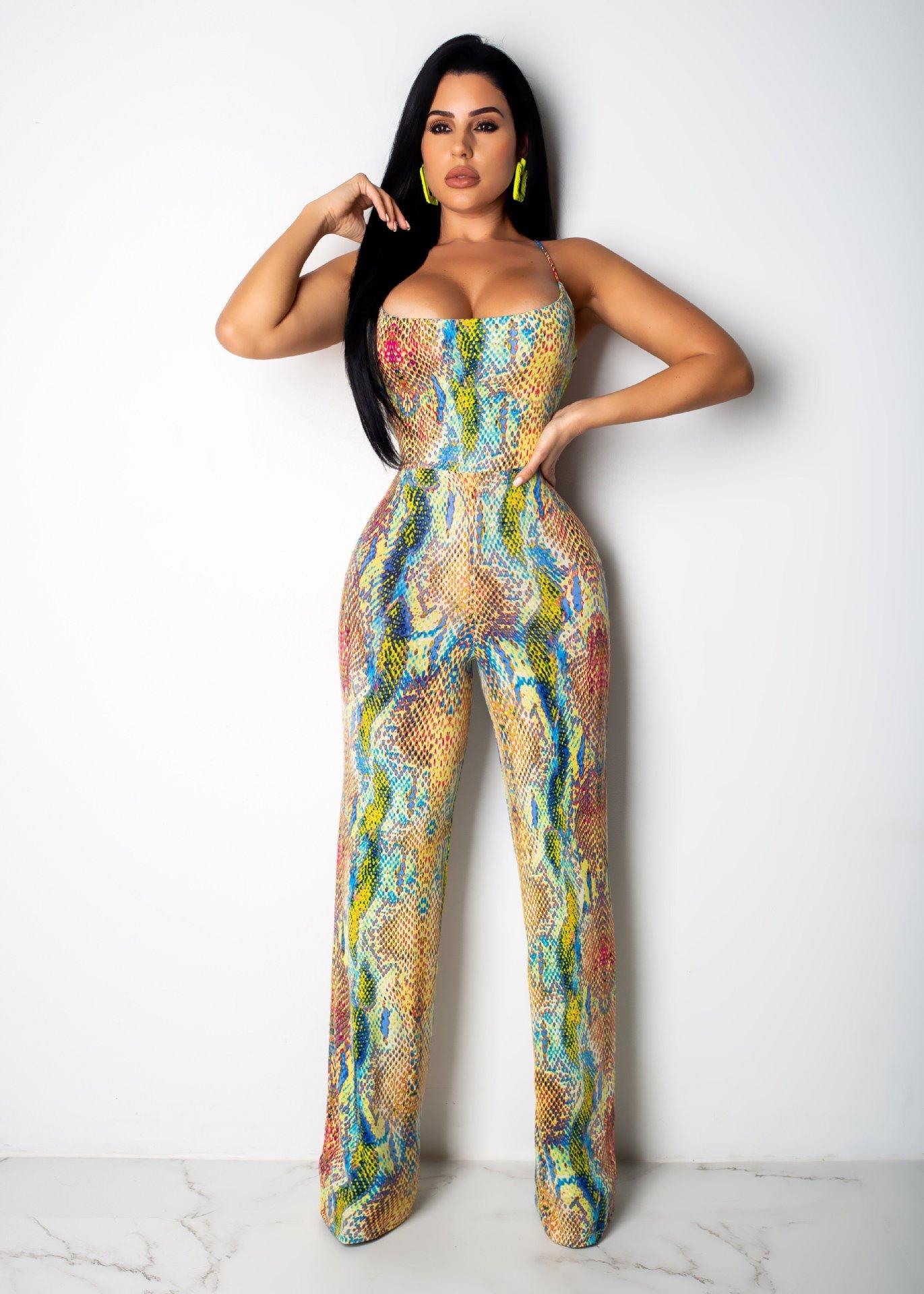 Snake Print Summer Wide Leg Jumpsuit Women Spaghetti Strap Sleeveless Full Length Romper Retro Strapless Backless Beach Overall