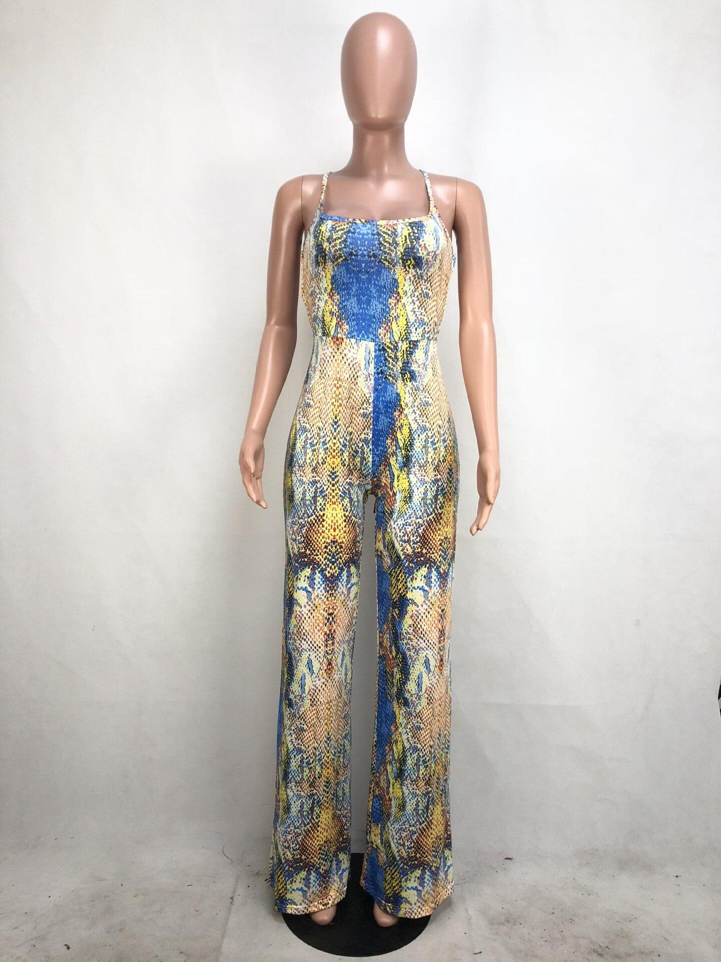 Snake Print Summer Wide Leg Jumpsuit Women Spaghetti Strap Sleeveless Full Length Romper Retro Strapless Backless Beach Overall