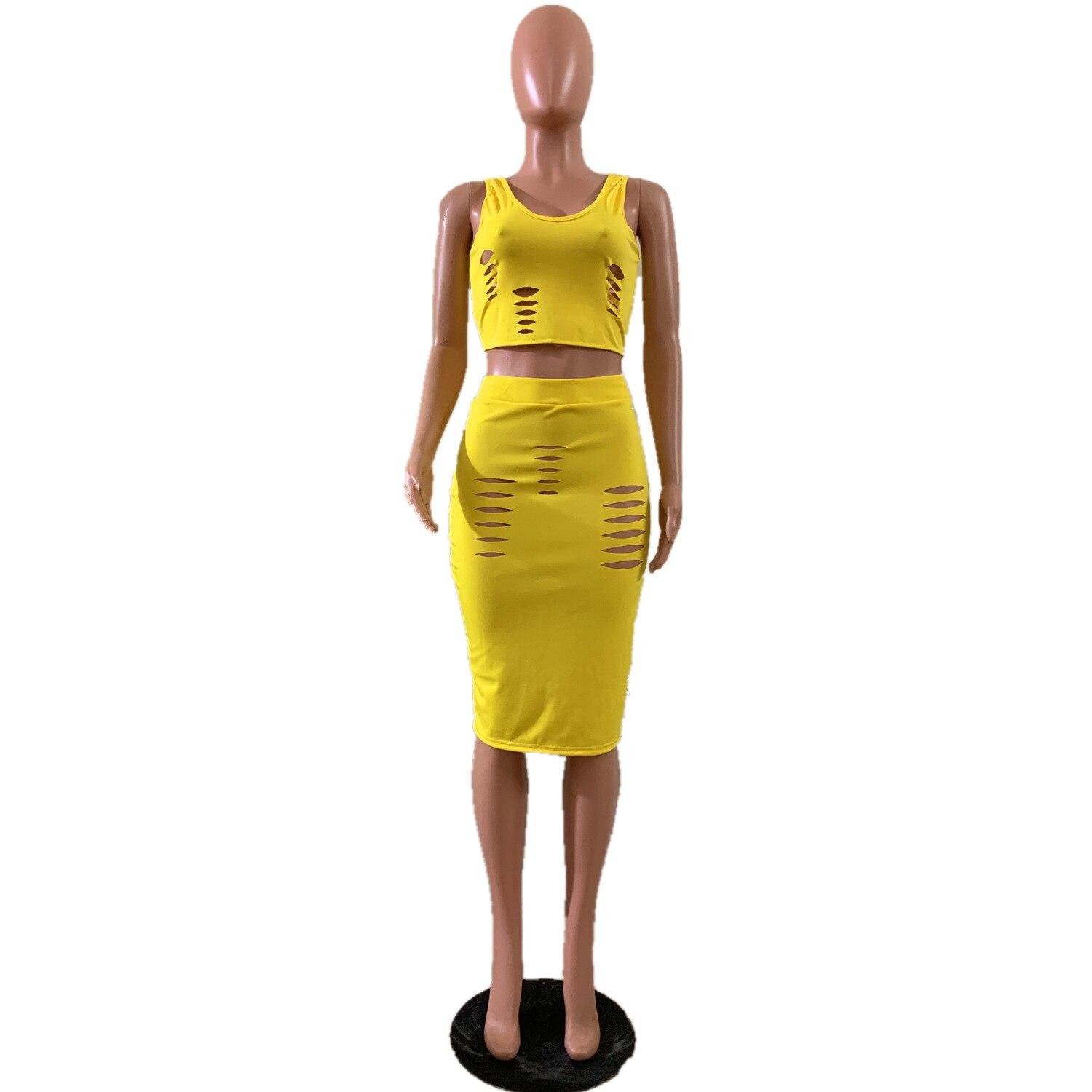 Hollow Out Sexy 2 Piece Matching Set Summer Clothes For Women O Neck Sleeveless Tank Top + Bodycon Skirt Summer Two Piece Outfit