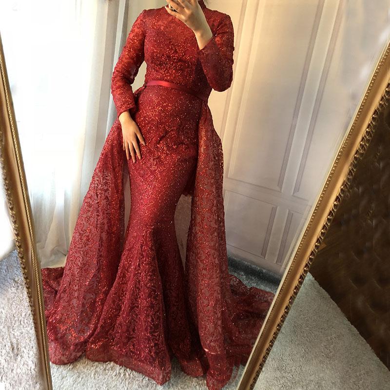 Fashion Mermaid Luxury Glitter Wine Red Evening Dress Long Sleeves Gliter with train Evening Gowns 2020 Serene Hill LA6326