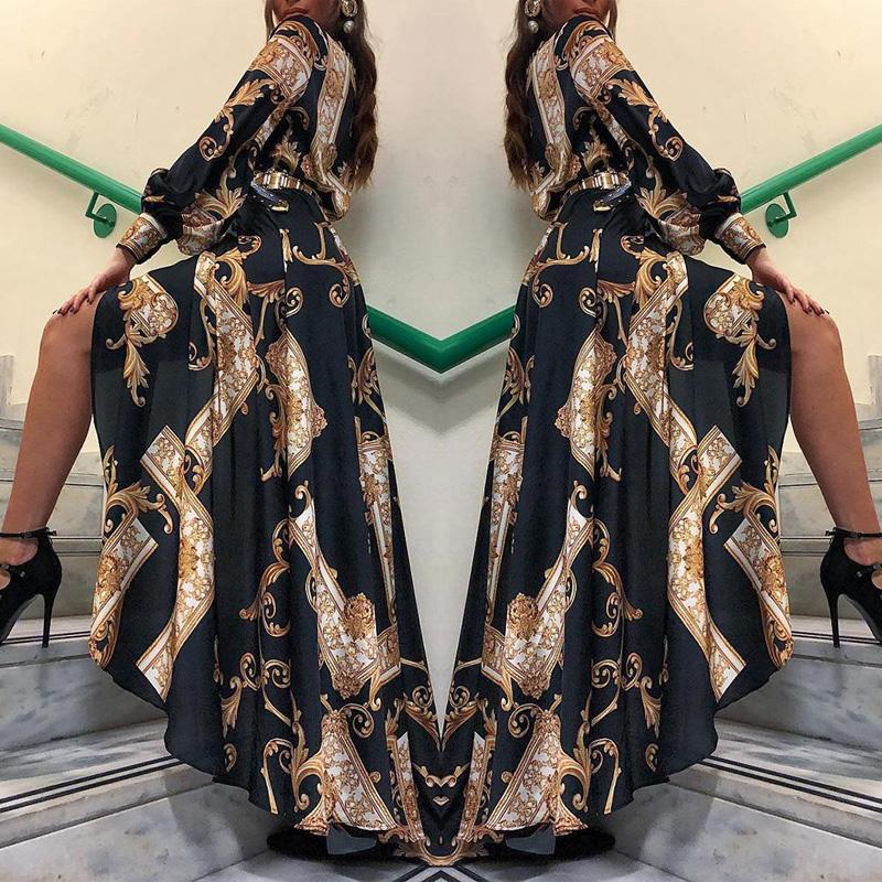 2019 Autumn Womens Maxi Baroque Print Lantern Sleeve Long Sleeve Button Bandage Elegant Dress Slit Evening Party Sun Dress