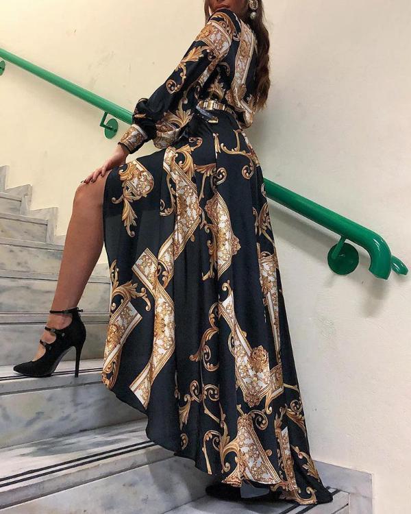 2019 Autumn Womens Maxi Baroque Print Lantern Sleeve Long Sleeve Button Bandage Elegant Dress Slit Evening Party Sun Dress