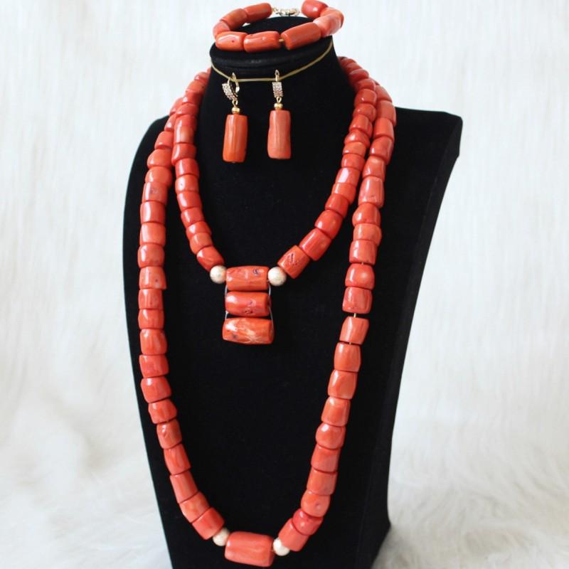 URORU African jewellery Set Nature Original Coral Beads Jewelry Set for women Fashion 2 Layers Nigerian Necklace for Wedding
