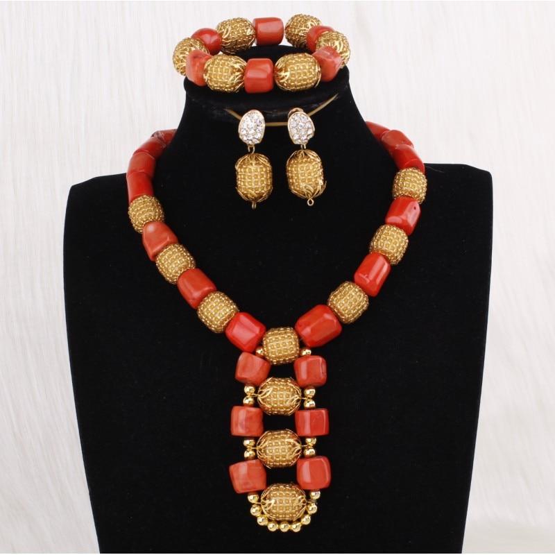URORU African jewellery Set Nature Original Coral Beads Jewelry Set for women Fashion 2 Layers Nigerian Necklace for Wedding