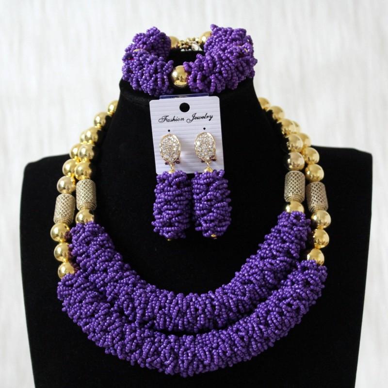 Purple Fine Jewelry Sets For Women Gold Color Balls African Set Jewelry Nigerian Wedding Beads Sets Free Shipping 2018 Fashion