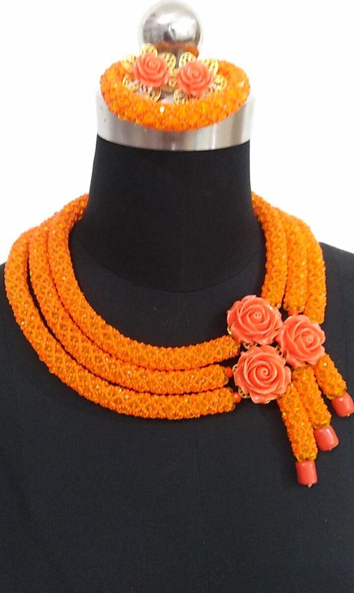 Dudo Beaded Jewelry Set orange Crystal And Coral Flower Set Jewelry 3 Layers African Necklace Set Free Shipping 2019 Choker Set