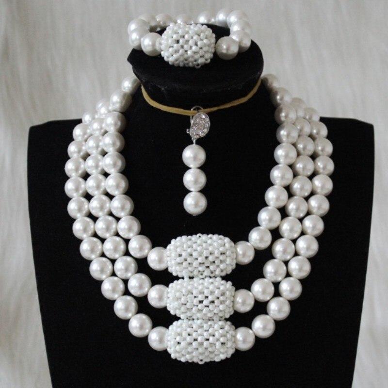 Pure White and Gold Bridal Jewelry Set Balls Wedding Jewellery Set African Nigerian Beads Necklace Earrings Bracelet Set 2018