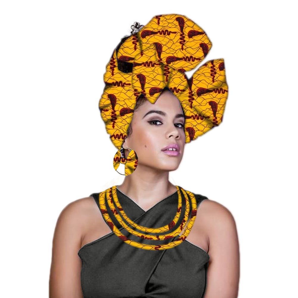 African headwrap nigerian headtie ankara head wrap fashion print wax women turban with earrings