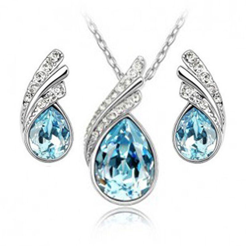 QiLeSen Fine jewelry 925 sterling silver suitable for ladies wedding sea blue crystal set necklace earrings set yw021