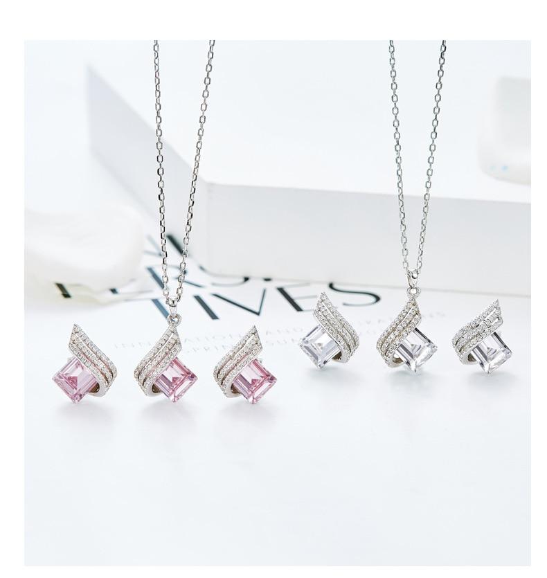 Woman Fine Jewelry Set for Geometric Diamond Glass Crystal Pendant Necklace Dangle Earrings