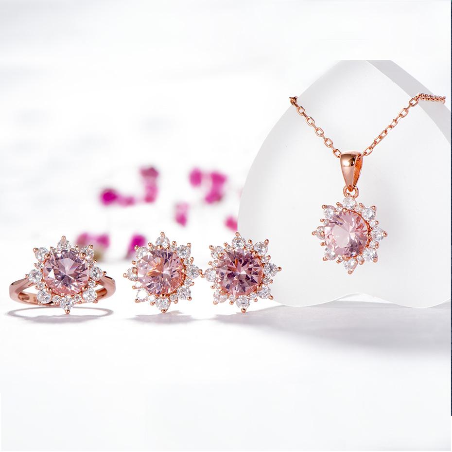 Kuololit Morganite Gemstone Jewelry Set for Women Solid 925 Sterling Silver Ring Earrings Necklaces Rose Gold Jewelry for Women