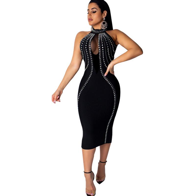 QILI Women Sexy Party Dress Sleeveless Backless Diamonds Rhinestone Dresses Black See Through Mesh Bodycon Dress Femme S-5XL