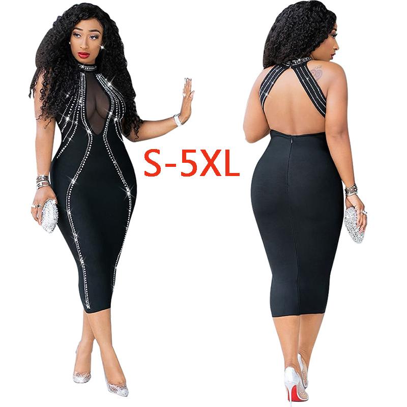 QILI Women Sexy Party Dress Sleeveless Backless Diamonds Rhinestone Dresses Black See Through Mesh Bodycon Dress Femme S-5XL