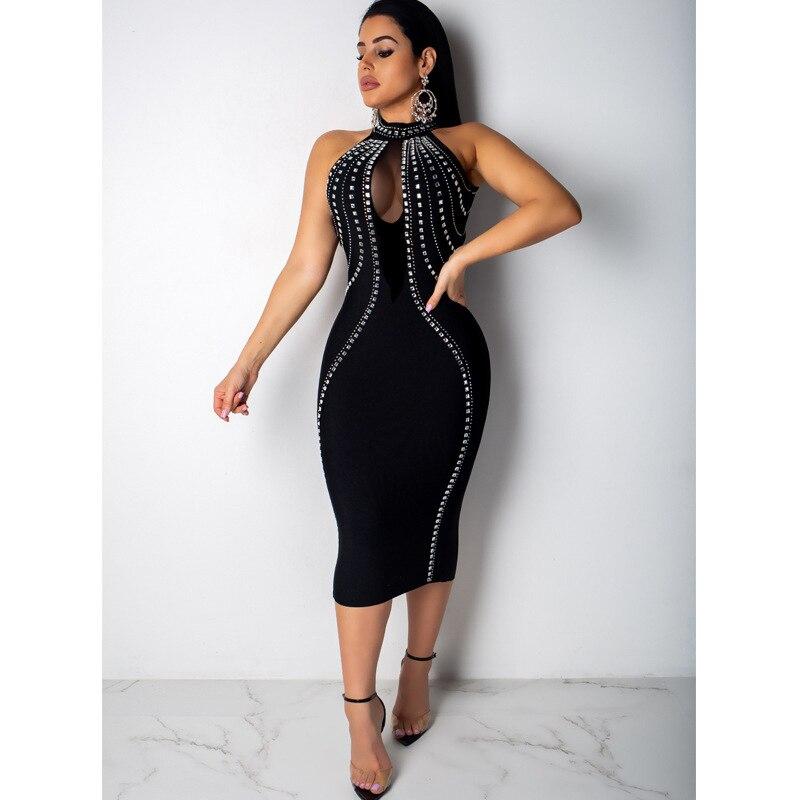 QILI Women Sexy Party Dress Sleeveless Backless Diamonds Rhinestone Dresses Black See Through Mesh Bodycon Dress Femme S-5XL